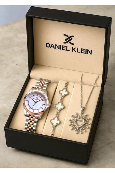 Daniel Klein Premium Women's Gift Set – Rose Gold & Silver Watch, Clover Bracelet & Sunburst Heart Necklace