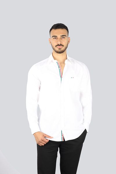 PAUL&SHARK Men's Regular Fit Flag Stripe Chest Metallic Logo Back Brand Text Printed Long Sleeve White Shirt