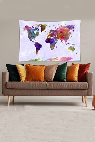 linazaitun Lilac-blue World Map Patterned Stain Resistant Velvet Fabric Wall ...