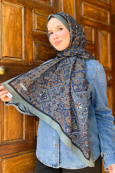 Sultan Eşarp Sultan Fresh Cotton Shawl - Μοτίβο πλακιδίων - SLF002-03 - Πράσινο, Navy, Μπλε