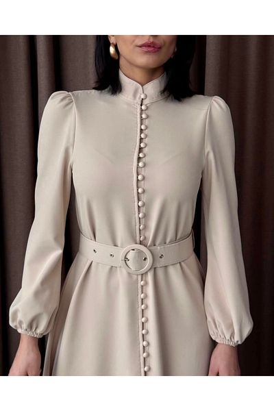 Afiş Butik Beige Half Turtleneck Belted Buttoned Long Dress
