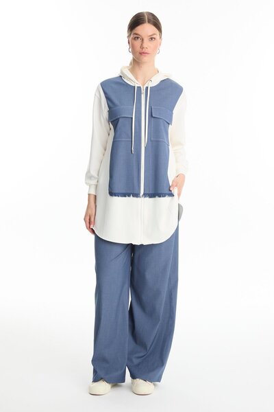 Zühre Denim Detailed Hooded Indigo Trousers Suit 1520