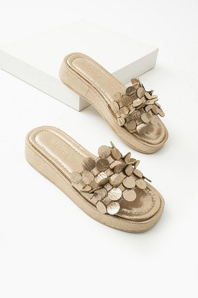 diclepolat Women's Tassel Detailed 4cm Thick Sole Slippers Gold Barly