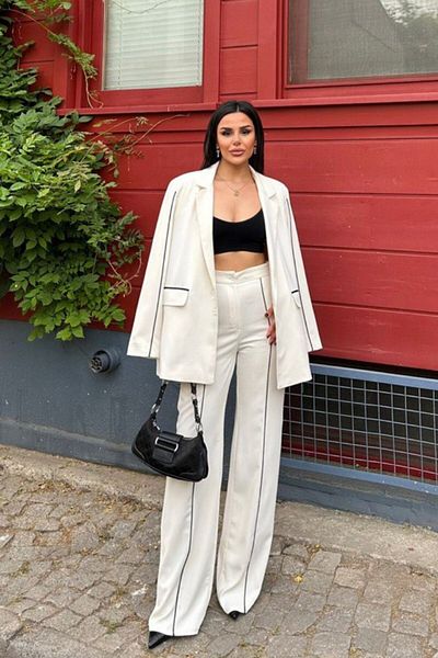 VZ BUTİK Women's Bottom Top Double Suit Piping Detailed Blazer Jacket Pants Suit