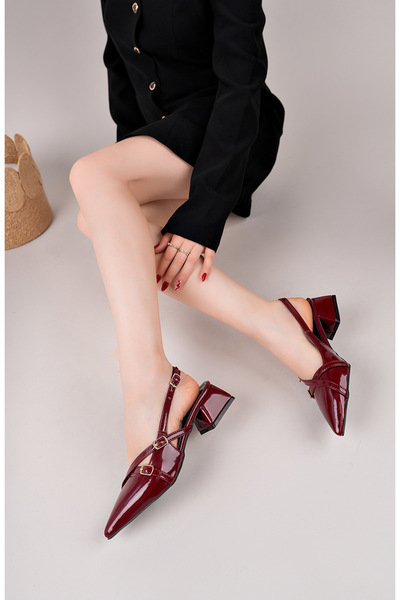 pasyone Burgundy Patent Leather Women's Square Pointed Toe Heeled Shoes
