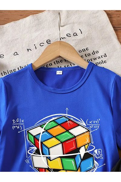 vinraus Girl\Boy Sax Blue-Black Intelligence Cube Printed Shorts-Tshirt Set