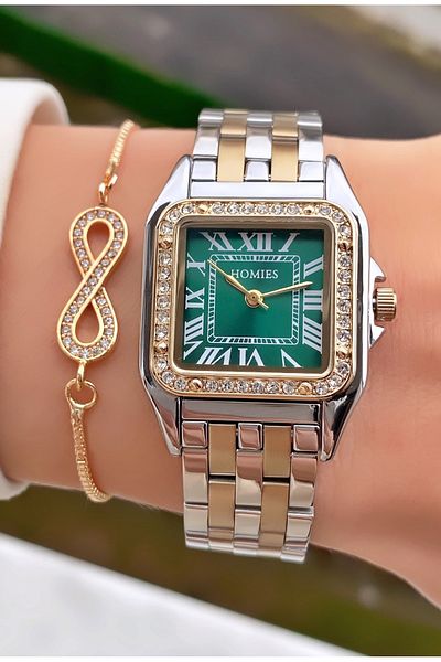 Homies Yellow Silver Color 3-Piece Jewelry Set – Heart Necklace with Stone, Clover Bracelet & Stylish Watch - Gift Boxed