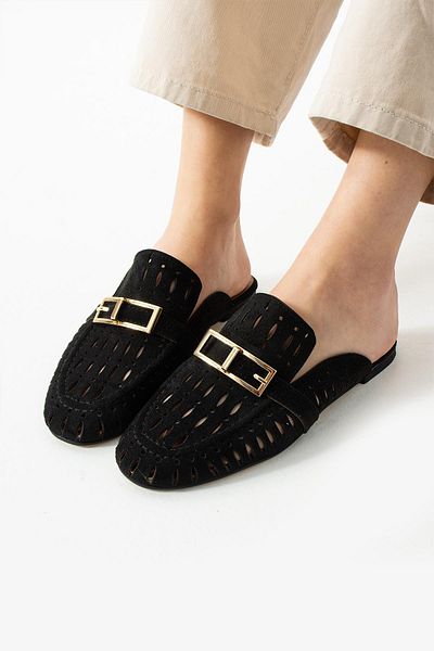 diclepolat Women's Suede Gold Buckle Detailed Flat Sole Daily and Comfortable Slippers Serez Black