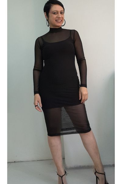Mertcan Butik Black Turtleneck Mini Pencil Dress with Inner Rope Strap, Detailed Long-Sleeved Tulle Pencil Dress