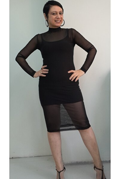 Mertcan Butik Black Turtleneck Mini Pencil Dress with Inner Rope Strap, Detailed Long-Sleeved Tulle Pencil Dress