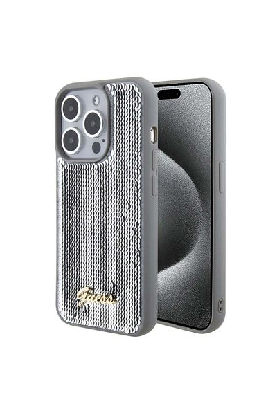 Guess Husa pentru iPhone 15 Pro, Sequin Script Metal, Gri
