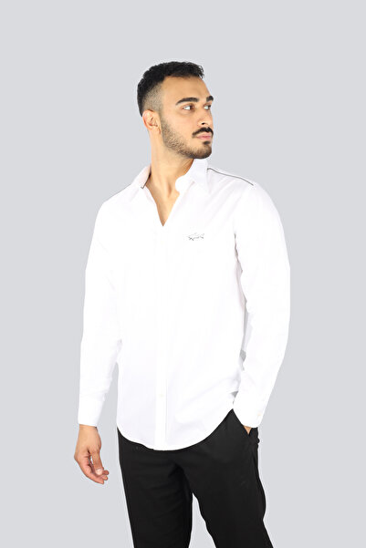 PAUL&SHARK Men's Regular Fit Long Sleeve White Shirt with Stripe Pattern on the Shoulders 25413515 -010