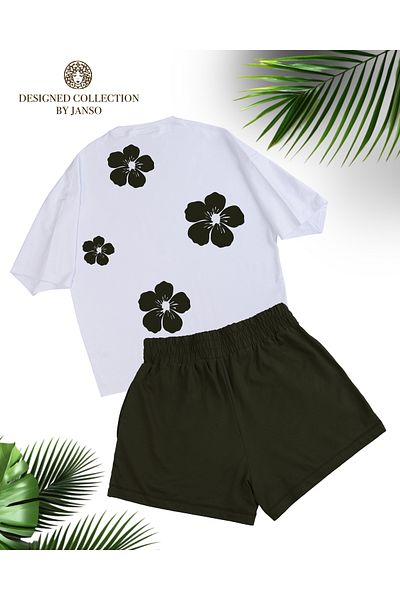 JANSO GROUP - Women's Flower Printed Short Sleeve Tshirt-Shorts Set Large Size Cotton