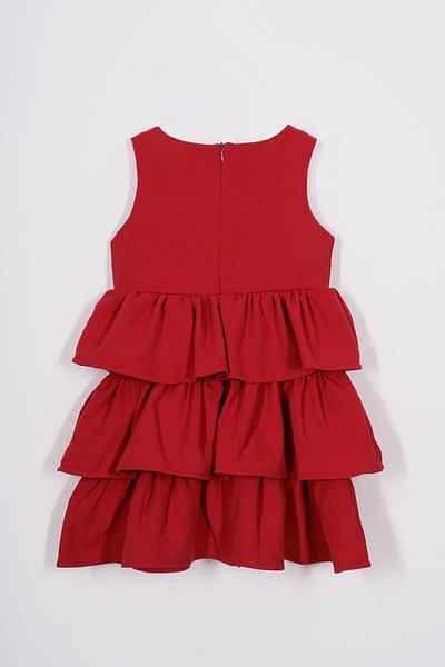 zepkids Crew Neck Ribbon Detailed Skirt Ruffled Zero Sleeve Red Color Girl's Dress