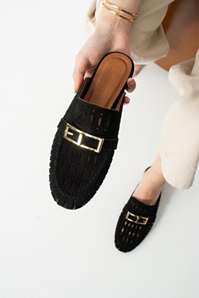 diclepolat Women's Suede Gold Buckle Detailed Flat Sole Daily and Comfortable Slippers Serez Black