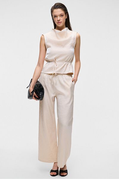 GRIMELANGE Ubanity Women's Shiny Fabric Wide Leg Satin Look Ecru Pants