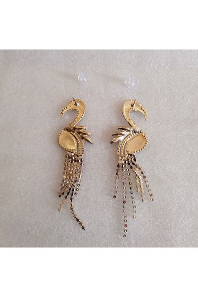 Butik Tülin Authentic Handmade Gold Metal Enamel Multi-Color Cutout Shiny Crystal Stone Flamingo Earrings 9.5X2.5 cm