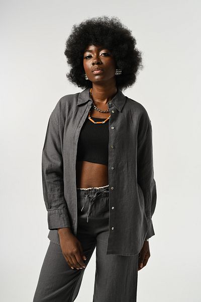 Orfeo Negro Women's 100% Linen Shirt with Front Stripes and Back Button Detail