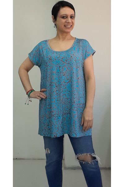 Mertcan Butik Tricou din viscoză din bumbac pieptănat cu mâneci joase, cu model afumat albastru