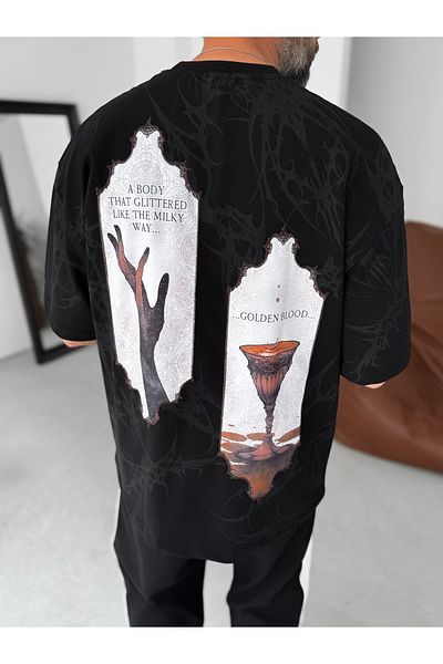BYBASICMAN Black Golden Blood Patchli Oversize T-Shirt Res-5204