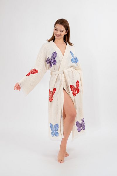 Befera Design Muslin Kimono 100% Cotton Butterfly Printed Patterned Bathrobe Kaftan Dressing Gown