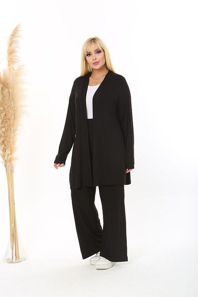 Şans Cardigan și rochie cu buzunare din viscoză neagră de mărime mare - Set 2 piese 65N38327