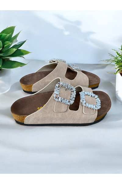 Dilesa Beige Women's Stone Buckle Orthopedic Sole Slippers Double Banded Buckle Daily Comfortable Home & Outdoor Slippers