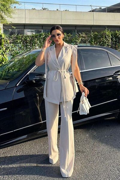 msm fashion Women's Bottom Top Two Piece Suit Shoulder Detail Belt Sleeveless Blazer Jacket Pants Set