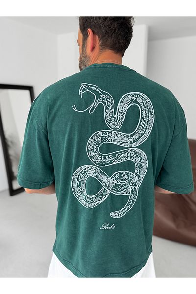 BYBASICMAN Dark Green Washed Snake Printed Oversize T-Shirt Res-5247