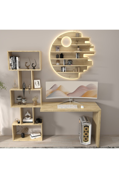 klubeconcept Modern LED Aydınlatmalı Çalışma Masası Seti Raf Kitaplık Masa Ta...