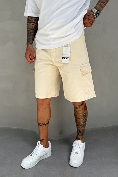 MADZEYMODA Beige Denim Fabric Men's Cargo Pocket Jean Jeans Shorts Ke-567