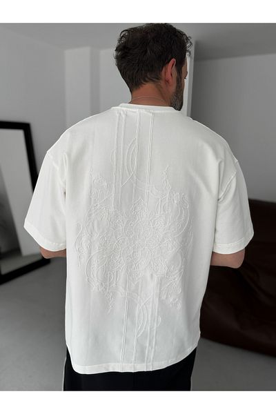 BYBASICMAN White Embroidered Patterned Oversize T-Shirt Res-5125