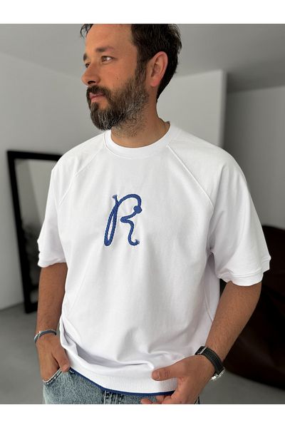 BYBASICMAN White R Embroidered Ribbed Oversize T-Shirt Res-5139