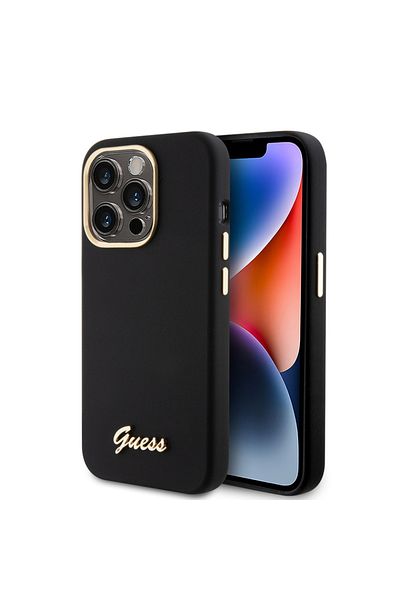 Guess IPhone 15 Pro Silicone Script Metal Logo & Frame Case, Guess - Black