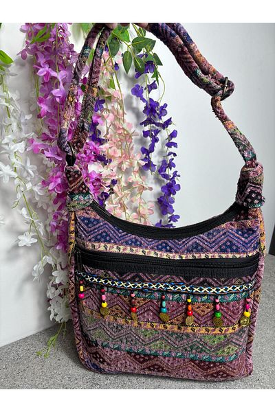 Sobe Hediyelik Bohemian Ethnic Patterned Adjustable Shoulder Bag with Bead Detail – Colorful and Stylish