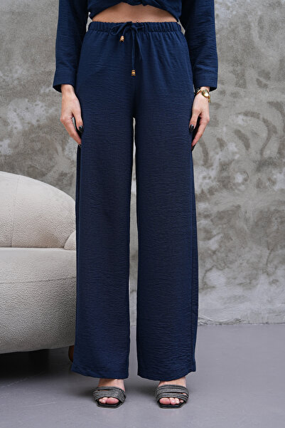 H&A İSTANBUL Λινό παντελόνι Loose Cut Navy Blue