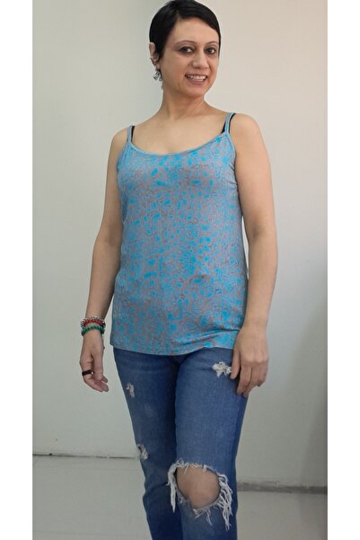 Mertcan Butik Blue Smoked Patterned Rope Strap Combed Viscose T-Shirt