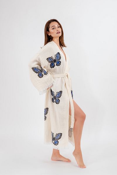 Befera Design Muslin Kimono 100% Cotton Butterfly Printed Patterned Bathrobe Kaftan Dressing Gown