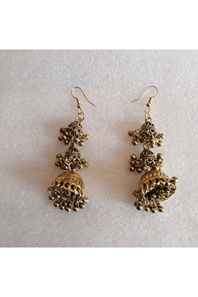 Butik Tülin Otantik el yapımı bronz pirinç boncuklu üç katlı çan küpe 8x2 cm Hint Malı