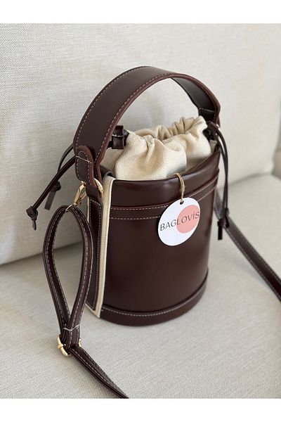 BAGLOVİS Shirred Mouth Bucket Model Brown Color Women's Hand and Shoulder Bag En20 Uzn20
