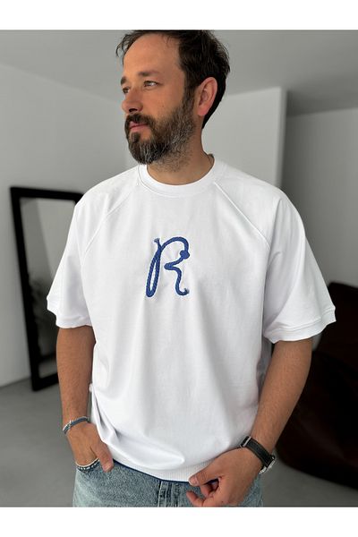 BYBASICMAN White R Embroidered Ribbed Oversize T-Shirt Res-5139