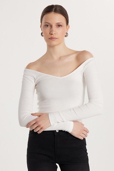Tudors Women's Modal Fabric Slim Fit Slim Fit Long Sleeve Boat Neck Ecru Blouse
