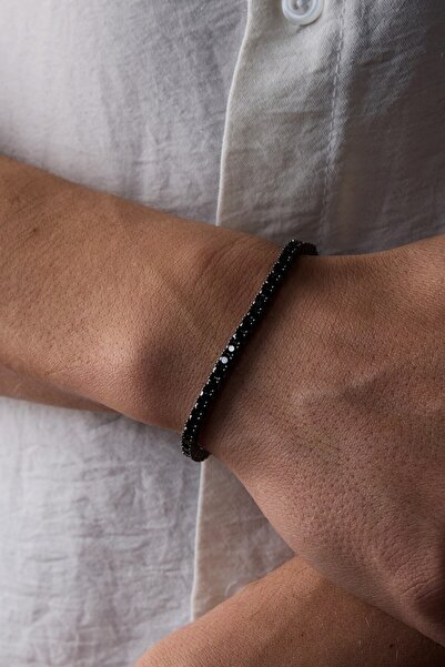 Ricco Jewellery 14 K Siyah Rodaj Kaplama 925 Ayar Gümüş Oniks Su Yolu Bileklik