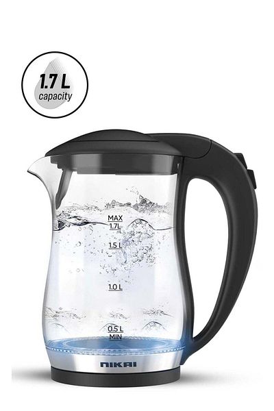Nikai Electric Glass Kettle, LED Indicator, Auto Shut Off, 1.7 L, 2200 W, Black/Clear