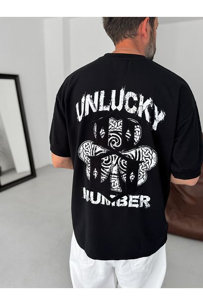 BYBASICMAN Black Unlucky Number Printed Oversize T-Shirt Res-5183