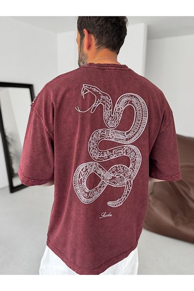 BYBASICMAN Burgundy Washed Snake Printed Oversize T-Shirt Res-5247