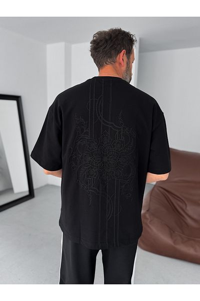 BYBASICMAN Black Embroidered Patterned Oversize T-Shirt Res-5125