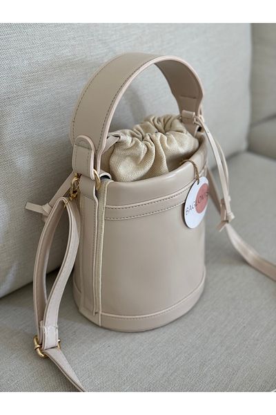 BAGLOVİS Shirred Mouth Bucket Model Cream Colored Women's Hand and Shoulder Bag En20 Uzn20