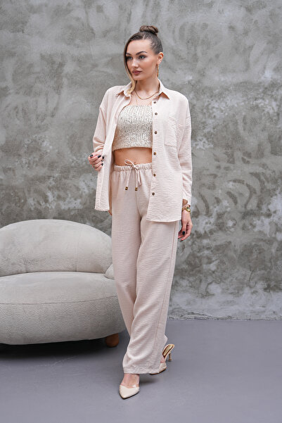 H&A İSTANBUL Γυναικείο Σετ Παντελονιού και Πουκάμισου σε Λινένια Όψη Oversize...