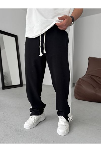 BYBASICMAN Black Buttoned Striped Tube Leg Sweatpants Res-5136